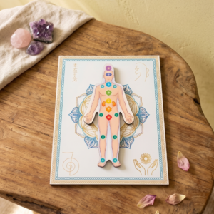 reiki à distancia Placa de Reiki à Distância com Silhueta Giratória e Chakras – Suporte Terapêutico